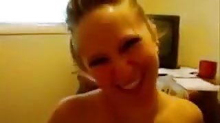 Cute blonde girl with ponytail pov blowjob on cellphone
